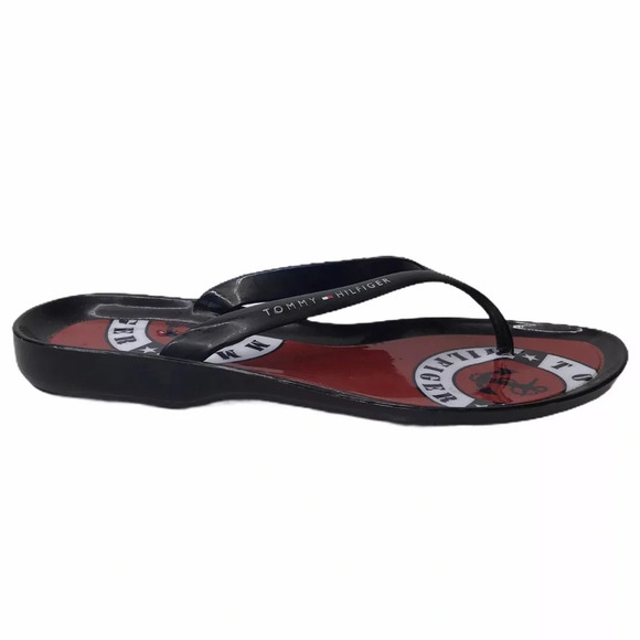 Tommy Hilfiger Black Red Nautical Flat Sandals Rubber Flip Flops  Women’s 7 - Picture 4 of 7